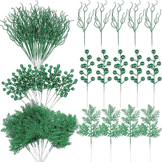 75 Pcs Christmas Glitter Branches 3 Styles Artificial Christmas Picks Berries Stems Pine Needles Floral Twig Spray for Xmas Tree Ornaments DIY Wreath Garland(Green)