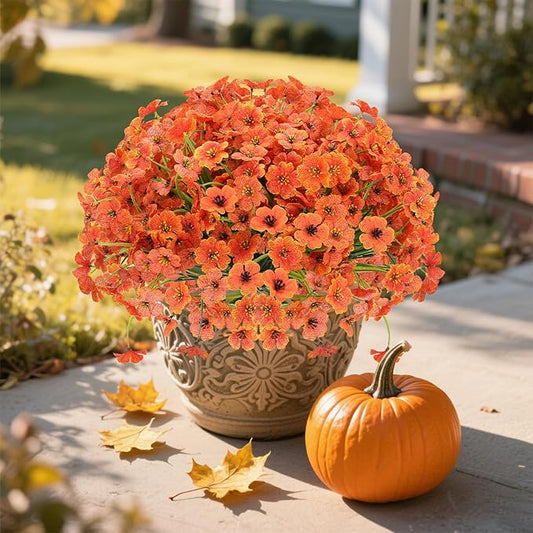 20 Bundles Fall Flowers Artificial for Halloween Decoration, Fake Flowers Faux Plants Silk Colorful Daisy Eucalyptus Realistic UV Resistant for Garden Patio Porch Box Home Decor, Orange