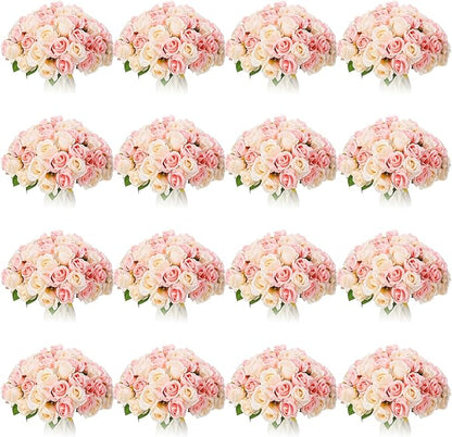 Jexine 240 Pcs Artificial Rose Flowers Bouquet Silk Realistic Flowers Bulk Centerpieces DIY Bride Fake Rose for Home Bridal Wedding Party Decorations(Pink and White)