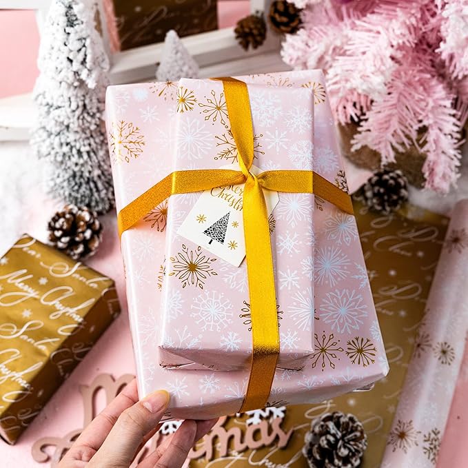 Yarcony Pink Christmas Wrapping Paper Roll, Gold Snowflakes Wrapping Paper, Reversible Pastel Winter Snowflake Theme Christmas Gift Wrap for Holiday Present, Gift Packaging, Party(17Inch x 33Feet)
