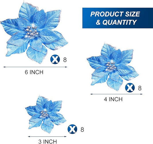 WILLBOND 24 Pcs 3 Size Poinsettia Flower Artificial Christmas Decor Glitter Poinsettia Christmas Ornaments Faux Flowers for Xmas Tree Outdoor(3.2/4/6 Inches,Blue)