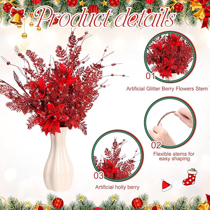 18 Pack 3 Styles 17 Inch Christmas Glitter Poinsettia Berry Stems Ornaments Artificial Floral Branches Picks for Christmas Tree Home Vase Holiday Party Decor(Red)