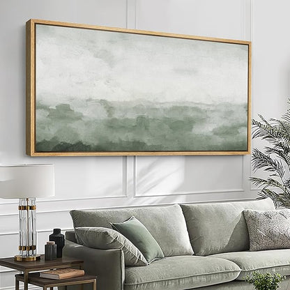 SIGNFORD Extra Large Framed Canvas Print Wall Art Misty Green Horizon Illustrations Modern Art Relax/Calm Warm for Living Room, Bedroom, Office - 60"x30"