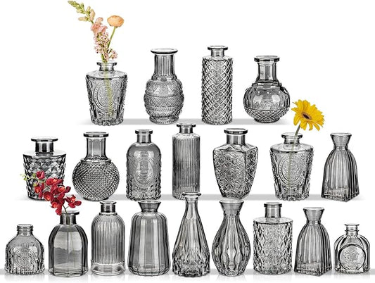 Glass Bud Vases Set of 20, Small Flower Vase in Bulk for Centerpieces, Mini Vintage Grey Vases for Rustic Wedding Vintage Home Table Decor