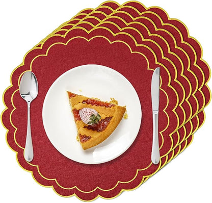 Set of 6 Christmas Round Placemats, 15 Inch Red Gold Christmas Cotton Linen Placemats with Scalloped Embroidery Edge Double Layered Washable Wrinkle Free Cloth Table Mats for Xmas Table Decor