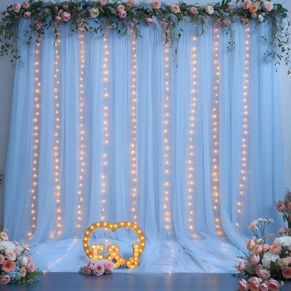 10x10ft Baby Blue Tulle Backdrop Curtains with Lights for Party Wedding Baby Shower, Sheer Wrinkle Free Backdrop Curtains for Birthday Party Photo Booth Background Decoration