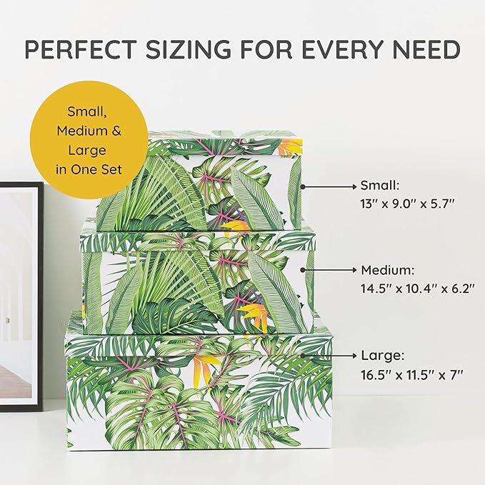 Soul & Lane Decorative Storage Cardboard Boxes with Lids | Tropical Breeze - Set of 3 | Green Jungle Leaves Paperboard Nesting Boxes