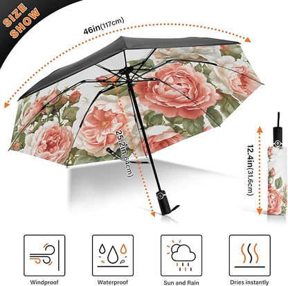Automatic Folding Umbrella Windproof Strong, UV Protection Compact Floral Hydrangea Hummingbird Sun Rain Sun Rain Travel Umbrellas for Women Men