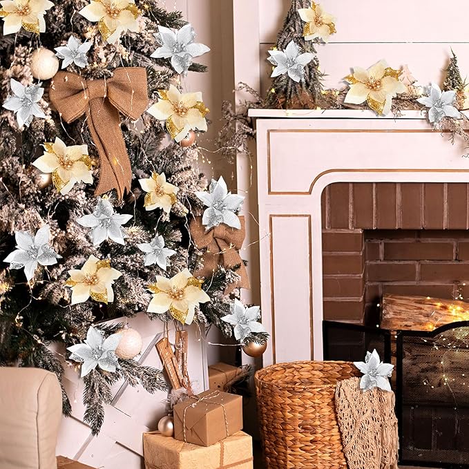 WILLBOND 36 Pieces Christmas Poinsettia Glitter Faux Flowers Christmas Artificial Flowers Tree Ornaments Topper Xmas Decorations (Gold, Silver)