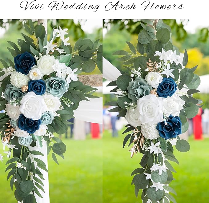 PONATIA Wedding Arch Flowers Kit (Pack of 3) with 26Ft White Arch Draping Fabric, Dusty Blue Flowers for Ceremony and Reception Wedding Decoration