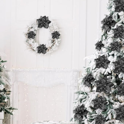Boao 24 Pieces Christmas Artificial Glitter Poinsettia Flowers Xmas Flowers Wedding Christmas Tree New Year Ornaments(Black)