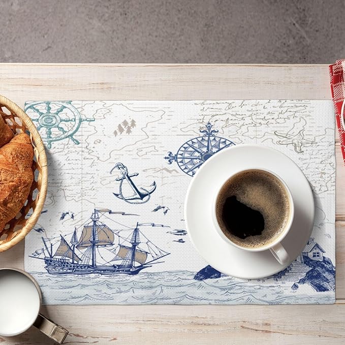 Nautical Placemats, Simple Hand Painted Blue Ocean Sailboat Map Lighthouse Compass Print Washable Fabric Placemats Table Kitchen Dining Party 12x18 Inch Set of 4