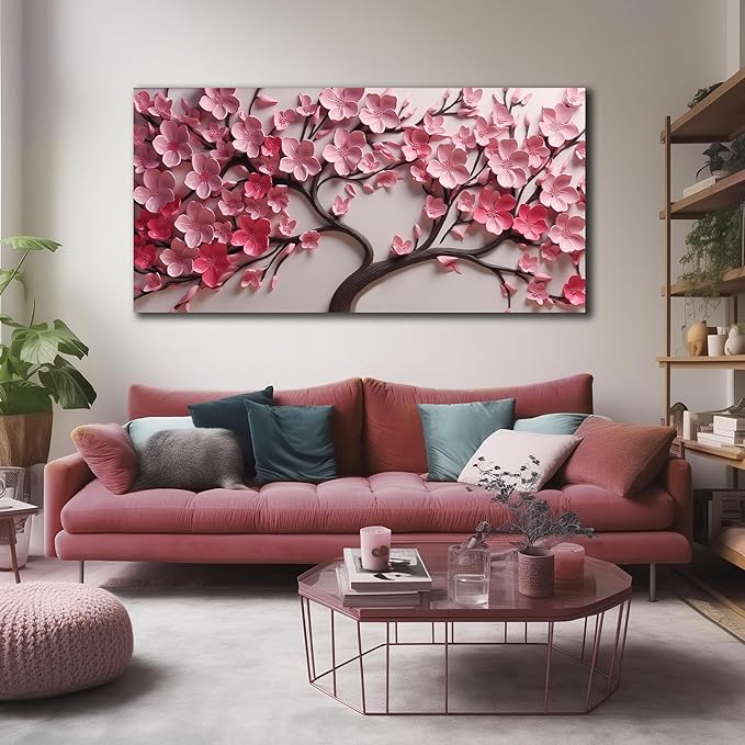 Pink Flower Wall Art for Bedroom Women Tree Prints Wall Art for Living Room Large Artwork for Wall Office Size 29 x 58 Inch