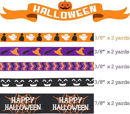 MEEDEE 3/8 inch 1 inch Halloween Ribbon Set Spooky October Ribbon Assortment 5 Rolls 10 Yards Halloween Crafts, Fall Gift Wrap, Party Decorations, Autumn Wreaths, Trim Bundle, Wreath Bow Supplies