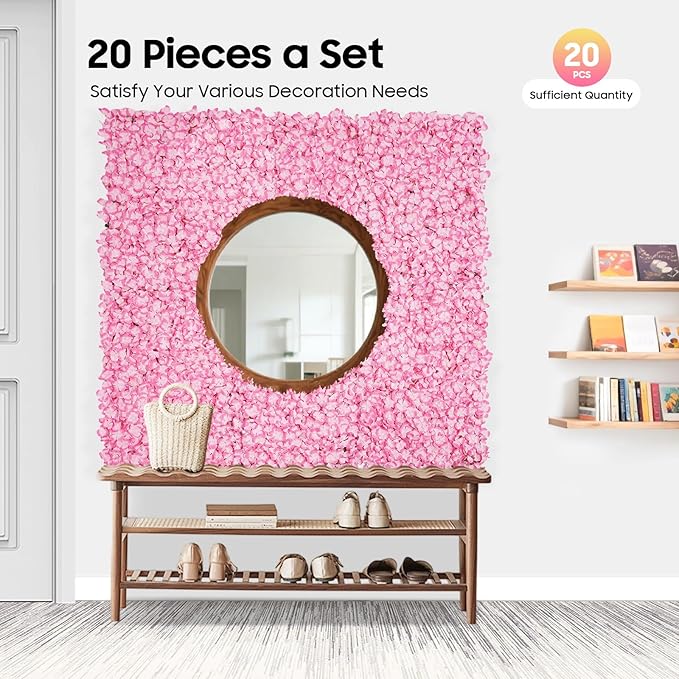 20Pcs 16"x 24" Artificial Flower Wall Panels,Flower Wall Mat Silk Flower Panels for Outdoor Garden Backyard Fence Fence Privacy Screen and Indoor Wall Decor (20Pcs Pink)