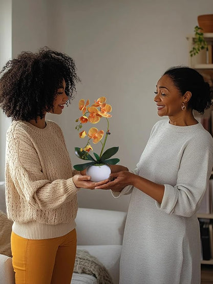 Forlaoers 17" Orange Artificial Orchids That Look Real with Pot Fake Orchid in Vase Artificial Flowers for Home Decor Indoor Office Table Centerpieces Bathroom Decoration