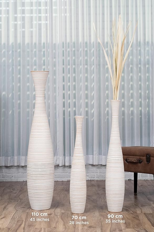 Leewadee Large White Home Decor Floor Vase - Wooden 26 inch Tall Farmhouse Decor Flower Holder for Fake Plant and Pampas Grass