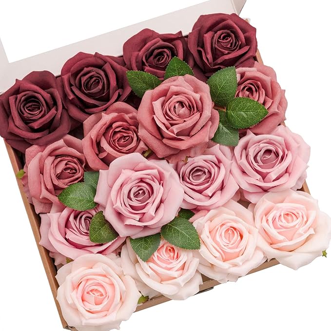 Ling's moment Artificial Burgundy Flowers, 16pcs Faux Silk Roses with Stems, 3.5" Fake Ombre Blush Pink Flowers Bulk for DIY Wedding Bouquets Centerpieces Party Baby Shower Home Decoration