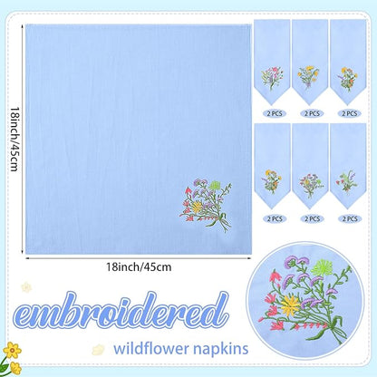 Tioncy 12 Pcs Christmas Floral Cloth Napkins Decorations Bulk Embroidered Wildflower Dinner Napkins Tea Cocktail Party Gifts Xmas Stocking Stuffers for Holiday Table Decor (Dusty Blue)