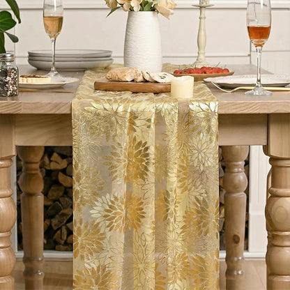 Artoid Mode Yellow Gold Dahlia Flower Gauze Table Runner 120 Inch 10FT, Glitter Metallic Foil Sheer Cheesecloth Dining Holiday Table Decor for Home Party