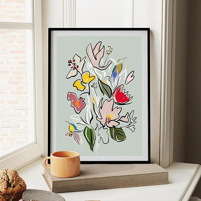 Floral Framed Wall Art for Living Room, Colorful Abstract Paintings, Botanical Poster Art, Green Flower and Bird Canvas Prints, Hummingbird Wall Decor for Bedroom Apartment Dorm Gallery, Modern floral illustration, Gifts for Friends or Family - 16" x 12"