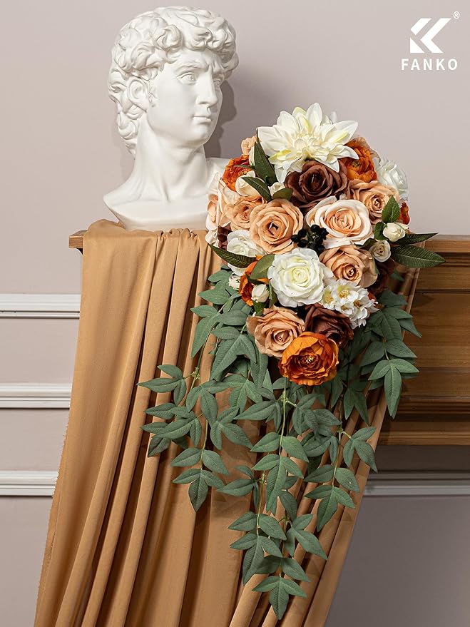 FANKO Artificial Flowers Brown Rose, Mixed Fake Silk Flowers Combo Cream White Rose White Dahlia Orange Ranunculus Vintage Style for DIY Wedding Bridal Bouquets, Home Decor