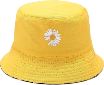 Flower Reversible Bucket Hat Cotton Summer Travel Beach Sun Hats Emboridery for Women Men
