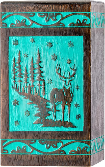INTAJ Handcarved Rosewood Teal Green Deer Urn for Human Ashes Adult Male Female - 250 lbs Forest Wooden Cremation Urn Box Suitable for Burial Funeral Decorative Wildlife Memorial Casket