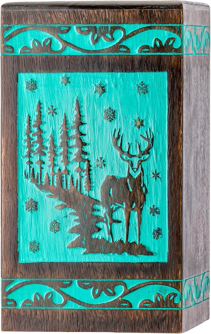 INTAJ Handcarved Rosewood Teal Green Deer Urn for Human Ashes Adult Male Female - 180 lbs Forest Wooden Cremation Urn Box Suitable for Burial Funeral Decorative Wildlife Memorial Casket