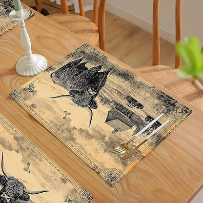 Farmhouse Highland Cow Placemats Set of 6, Country Barn Place Mats, Rustic Black and White Dining Table Mats, Washable Placemats for Kitchen Dining Room Home Decor 18L'' × 12W''