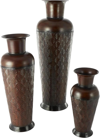 Deco 79 Metal Decorative Vase Tall Centerpiece Vases with Geometric Designs, Set of 3 Vases for Home Decoration 53", 40", 27" H, Dark Brown
