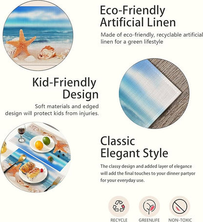 Ocean Starfish Placemats Set of 6,Nautical Seashell Coastal Linen Washable Kitchen Dining Table Mats Heat Resistant Place Mats for Home Party Indoor Holiday 12x18 Inch
