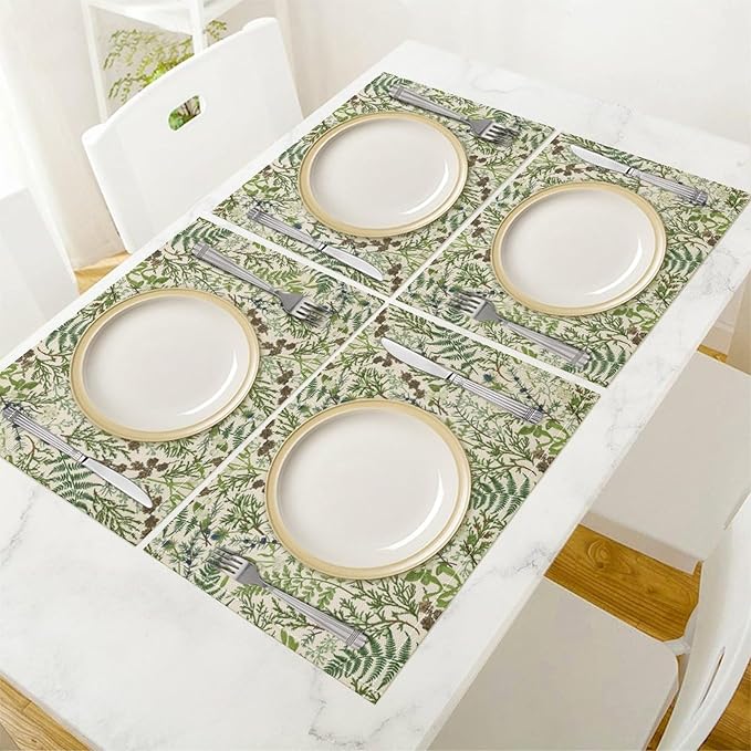 Retro Botanical Placemats Set of 6, 17x12 Inch Rustic Farmhouse Green Leaves Vintage Plants Aesthetic Table Mats for Home Party Kitchen Dining Decor