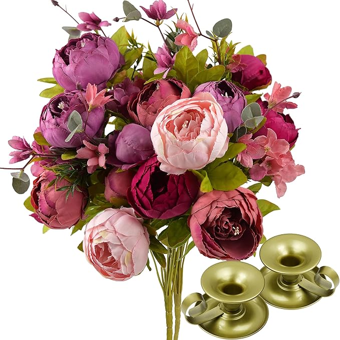 FiveSeasonStuff Mystic Blush Silk Peony & Hydrangea Bouquet with 2 Gold Taper Candle Holders; Vintage-Inspired Artificial Flowers for Weddings & Home Decor