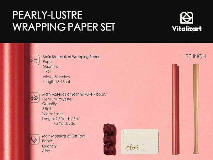 Vitalizart Red Wrapping Paper Set 30" Pearly-Lustre With Silk Like Satin Ribbon & Gift Tags Recyclable Christmas Gift Wrapping Birthday Baby Shower Wedding Handmade Crafts 197"(16.4 Ft)