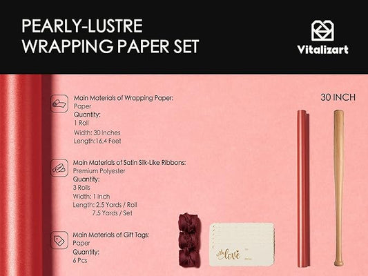 Vitalizart Red Wrapping Paper Set 30" Pearly-Lustre With Silk Like Satin Ribbon & Gift Tags Recyclable Christmas Gift Wrapping Birthday Baby Shower Wedding Handmade Crafts 197"(16.4 Ft)