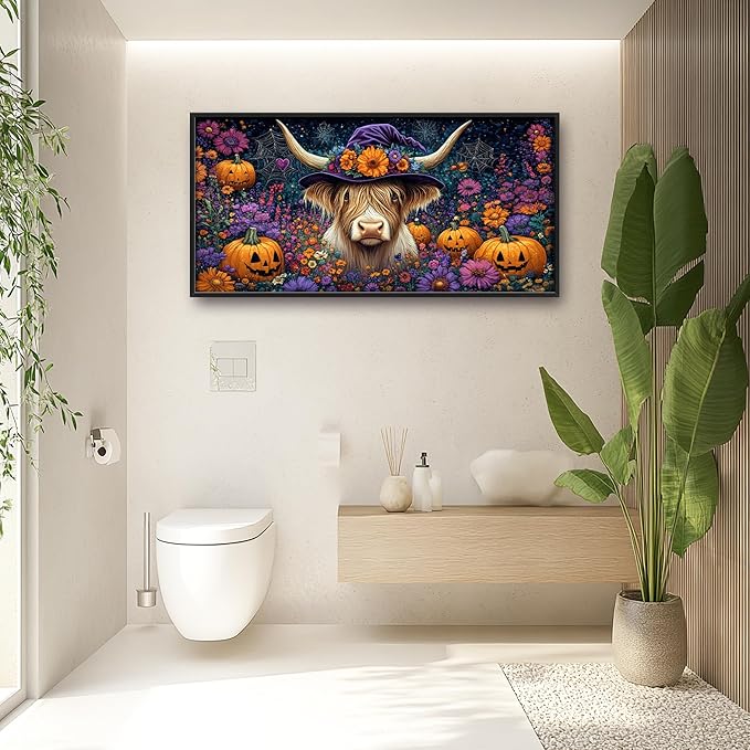 Highland Cow with Halloween Large Decor Wall Art Framed Pictures for Living Room, Pumpkins Oversized Canvas Print Painting Modern Extra Large Framed Artwork for Bedroom Office Home Decor 60"x30"