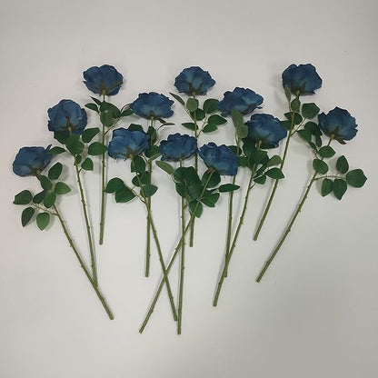 ATFL Grayish Blue Plastic Roses Bouquet,Realistic Gray Blue Flowers Artificial for Vase,12 Pcs Artificial Long Stem Fake Faux Silk Floral Roses for Decorations