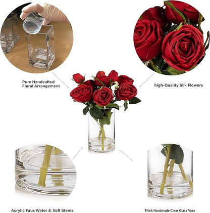 ENOVA FLORAL 9 Heads Silk Rose Artificial Flowers in Vase,Faux Rose Flowers Arrangement in Vase with Faux Water for Table Decor Centerpieces (Red)