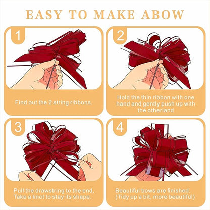 10-Pack Wine Red Pull Bows for Gift Wrapping - 6 Inch Reusable Ribbon Bows, Large Instant Floral Decor Bows for Wedding, Christmas, Birthday Decor, Gift Basket & Party Decorations