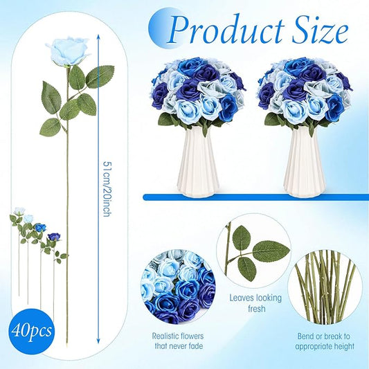 Hotop 40 Pcs Rose Artificial Flowers Bulk with Long Stem,Realistic Silk Fake Roses Bouquet for Home Wedding Centerpieces Party Table Decoration Valentines Gifts(Gradient Blue)