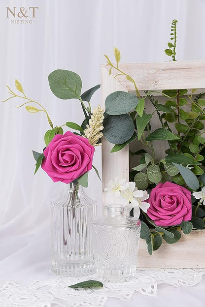 N&T NIETING Artificial Flowers, Foam Roses Perfect for DIY Wedding Bridal Bouquets Centerpieces Bridal Shower Party Home Flower Arrangement Decor 25Pcs, Hot Pink