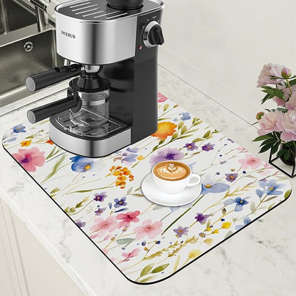 Watercolor Floral Meadow Coffee Mat Absorbent Dish Drying Mat for Kitchen Counter Hide Stain Rubber Backed Coffee Bar Accessories Fit Under Espresso Machine Dish Drainer, 11.8 x 19.7 Inch
