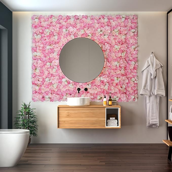 Artificial Flowers Wall Backdrop 16pcs 16.5x16.5 Inch Silk Rose Floral Wall Panel Decor Ideal for Wedding Celebrations, Festive Party Birthday Backdrops and Elegant Home Decor- Pink