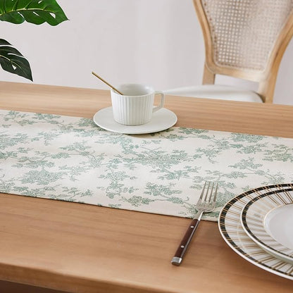 100% Cotton French Pastoral Table Runners, 13x48 Inch Vintage Green Farmhouse Table Runners 48 Inches Long, Vintage Flowers Print Home Decors