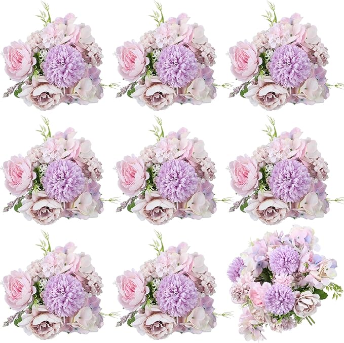 Lyrow 8 Pcs Peony Artificial Flowers Fake Silk Hydrangea Bouquet Elegant Peony Flowers for Wedding Decoration Faux Realistic Floral for Home Party Table Centerpieces Arrangement (Light Purple)