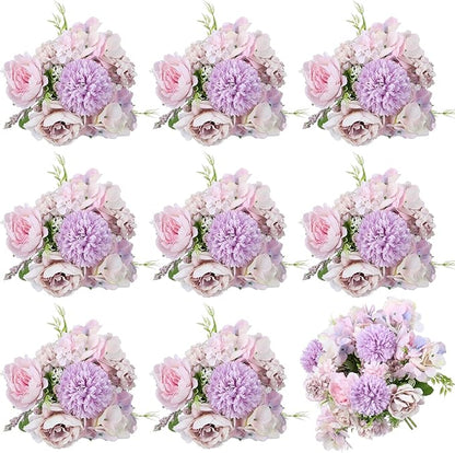 Lyrow 8 Pcs Peony Artificial Flowers Fake Silk Hydrangea Bouquet Elegant Peony Flowers for Wedding Decoration Faux Realistic Floral for Home Party Table Centerpieces Arrangement (Light Purple)