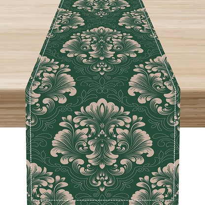 Vintage Damask Table Runner, Green Classical Luxury Old Fashioned Damask Royal Victorian Floral Print Table Center Decor for Family Kitchen Table Decorations Indoor Outdoor 13x72 inch