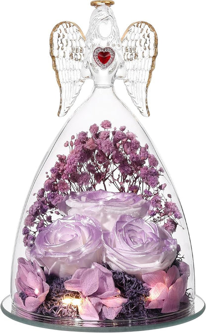 Mothers Day Rose Gifts for Women, Large Angel Figurines with Real Roses, Preserved Real Flower Rose for Her, Gardient Purple