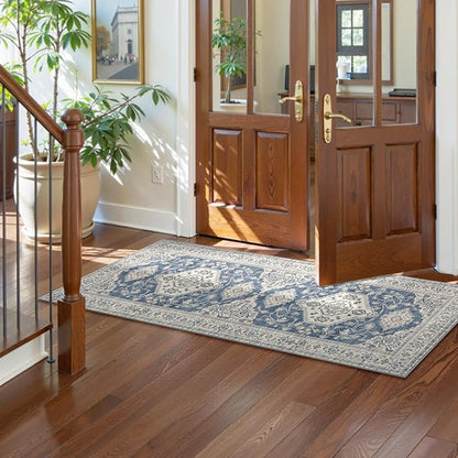 Lahome Oriental Kitchen Runner Rug Non Slip, 2x5 Washable Hallway Runner with Rubber Backing, Vintage Hallway Rug Ultra-Thin Soft Carpet for Bedroom Bathroom, Blue